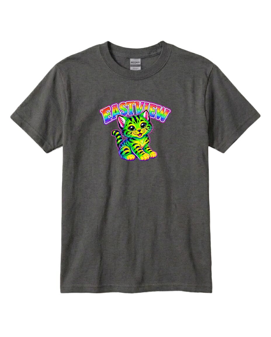 A gray t-shirt with a colorful graphic of a cat and the text "EASTVIEW" printed on it.