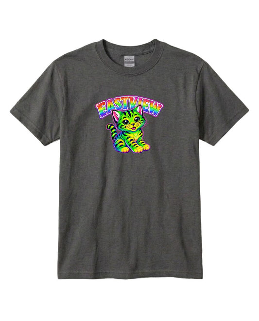 A gray t-shirt with a colorful graphic of a cat and the text "EASTVIEW" printed on it.