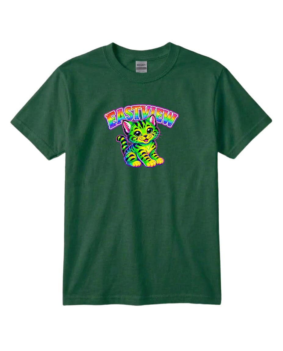 A green t-shirt with a colorful graphic of a cat and the text "EASTVIEW" printed on it.