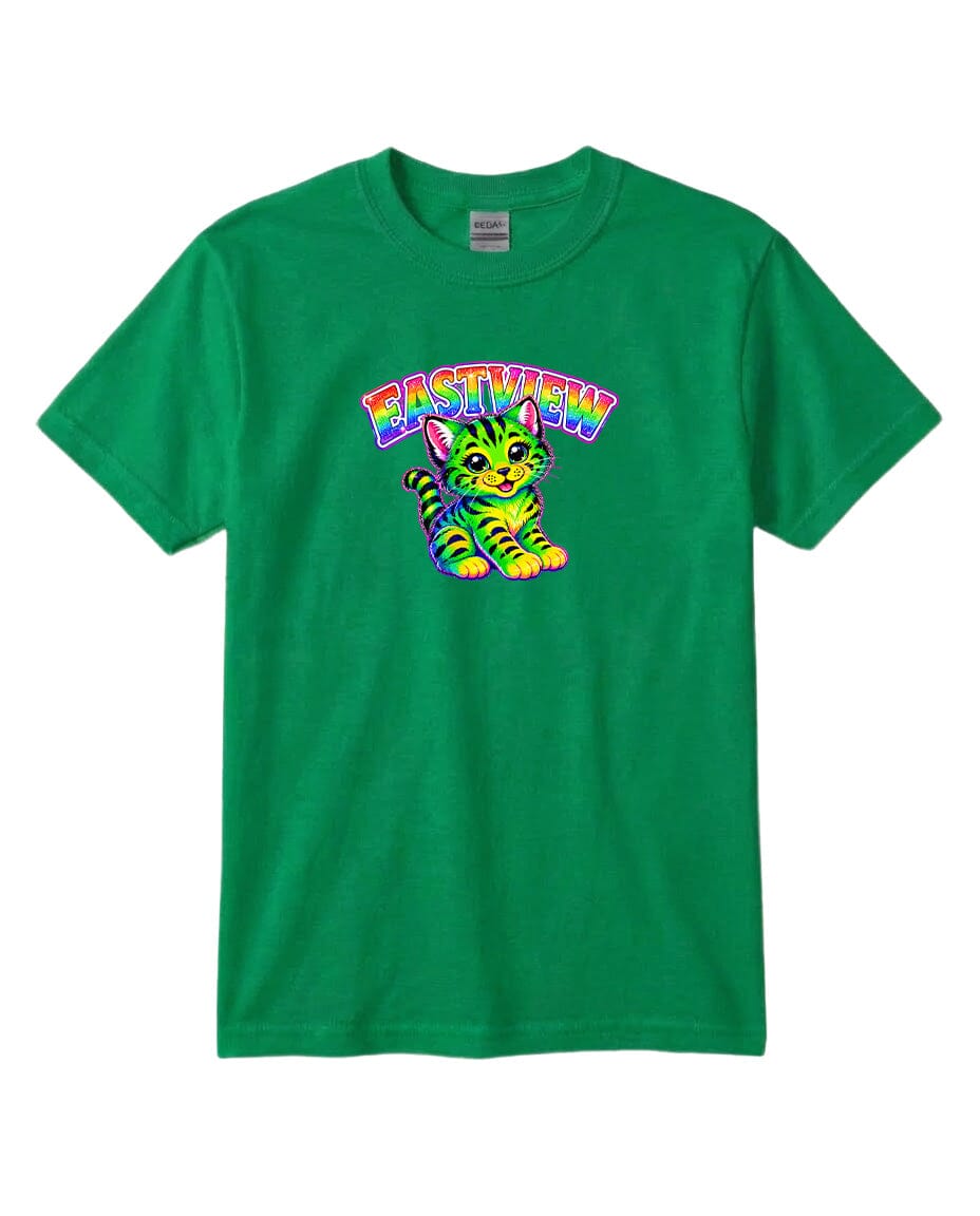 A green t-shirt with a colorful graphic of a cat and the text "EASTVIEW" printed on it.