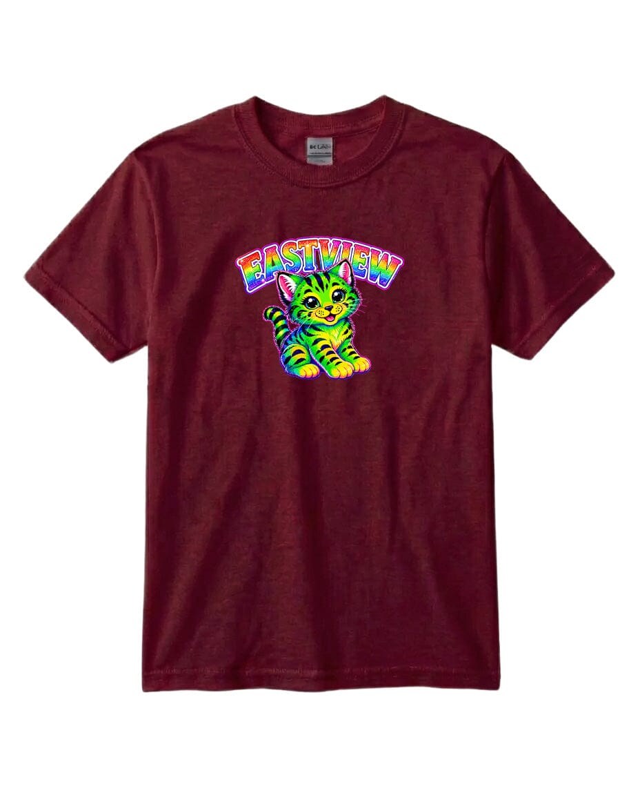 A burgundy-colored t-shirt with a colorful graphic of a cat and the text "EASTVIEW" printed on it.