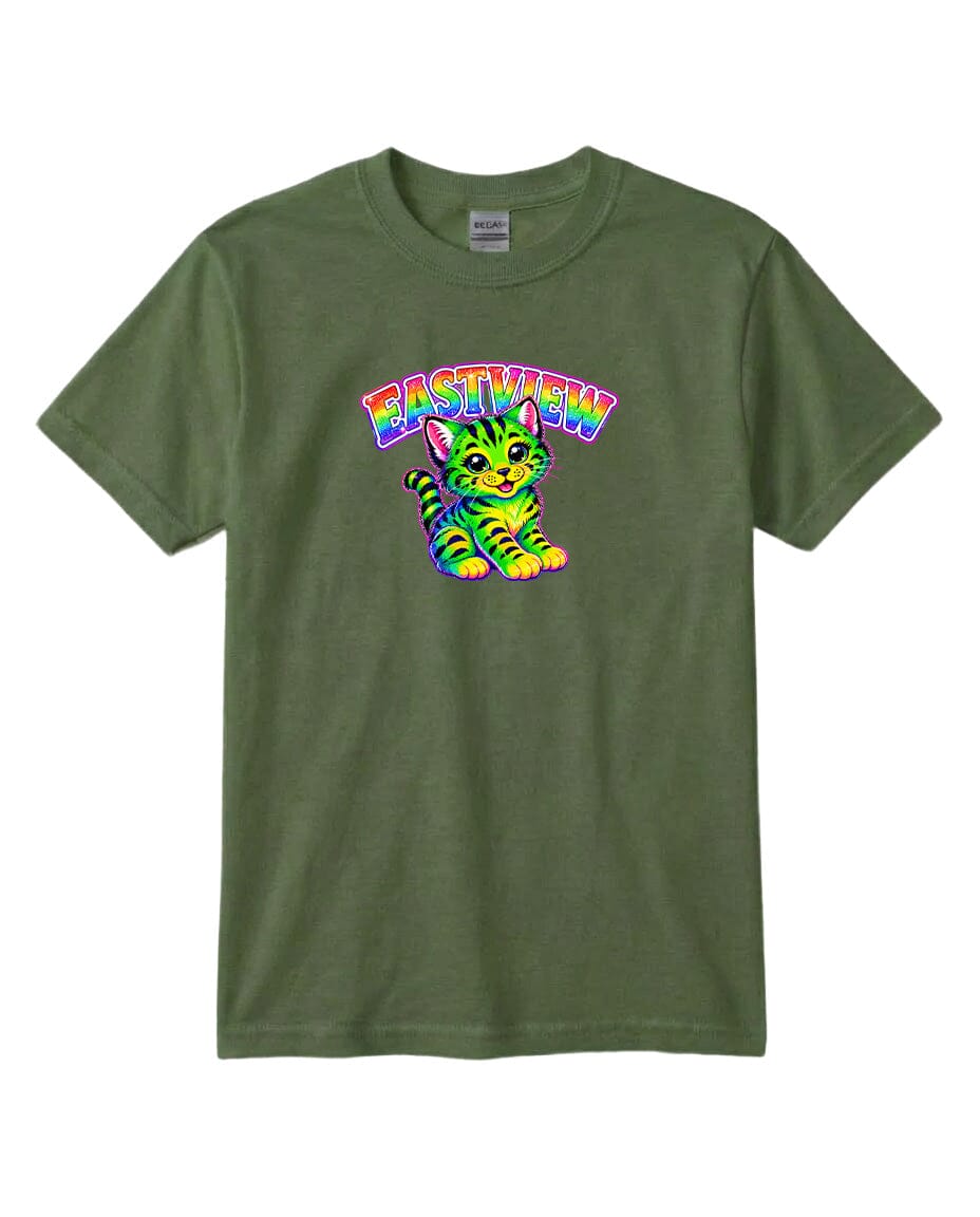 A green t-shirt with a colorful graphic of a cat and the text "EASTVIEW" printed on it.