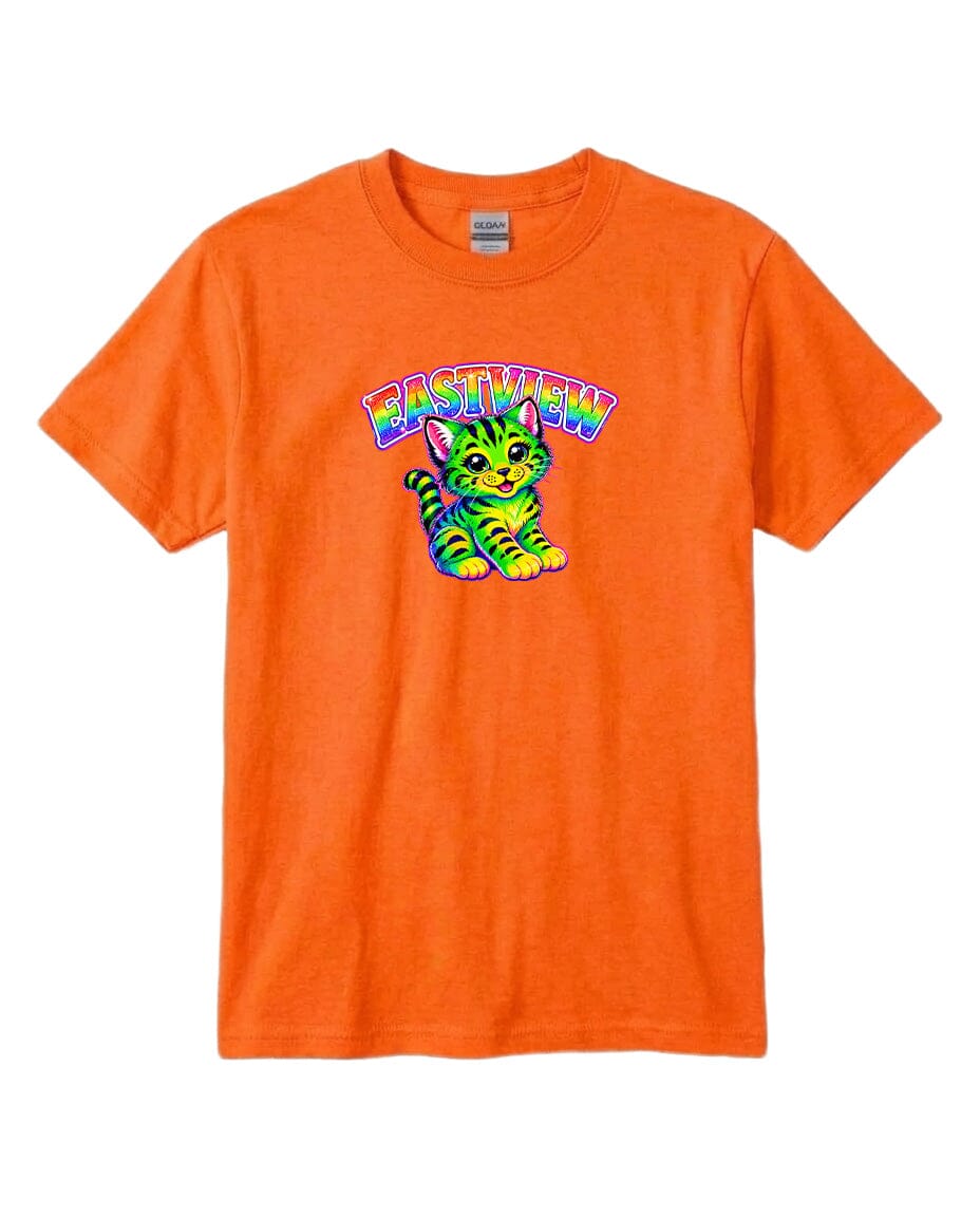 An orange t-shirt with a colorful graphic of a cat and the text "EASTVIEW" printed on it.
