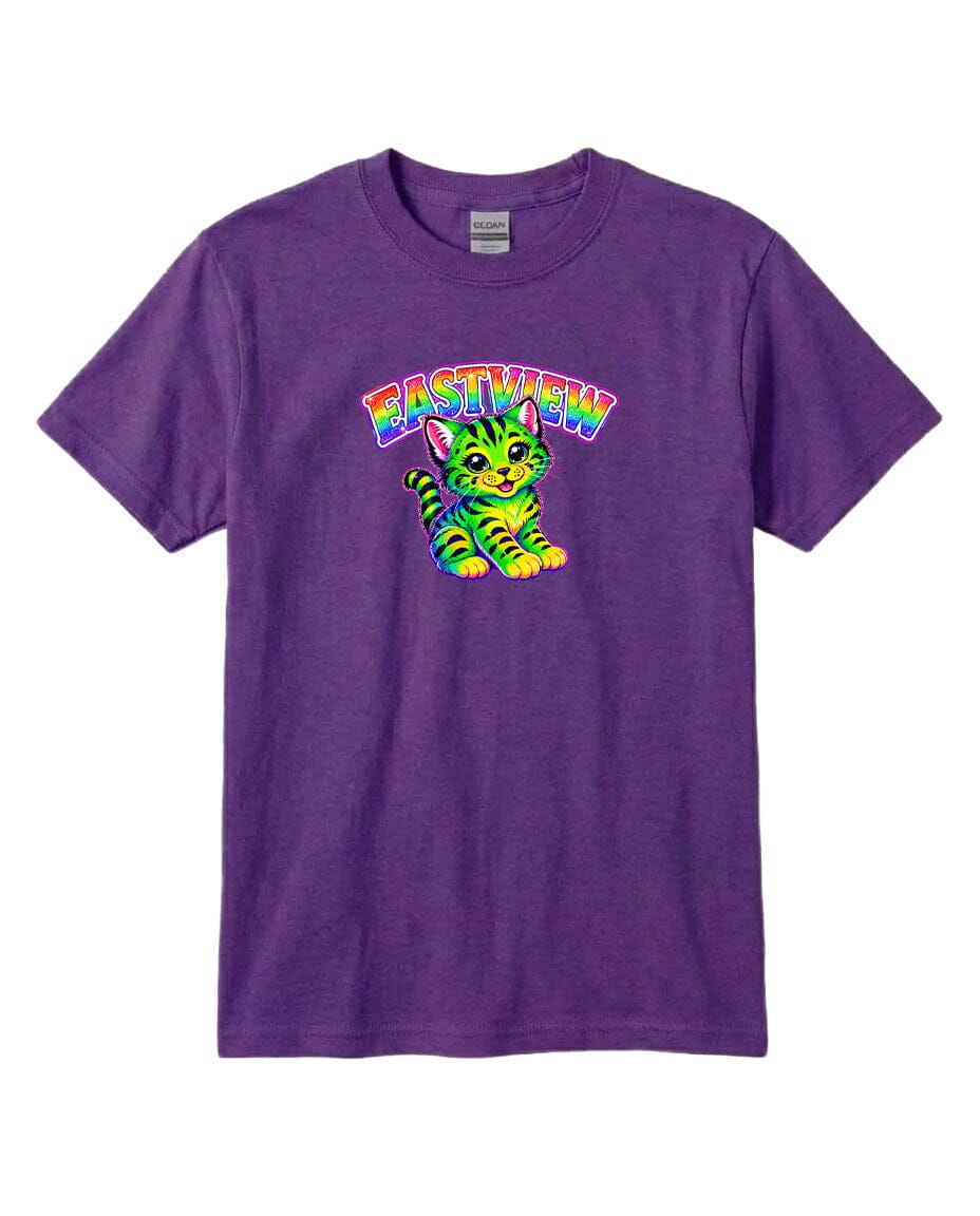 A purple t-shirt with a colorful graphic of a cat and the text "EASTVIEW" printed on it.