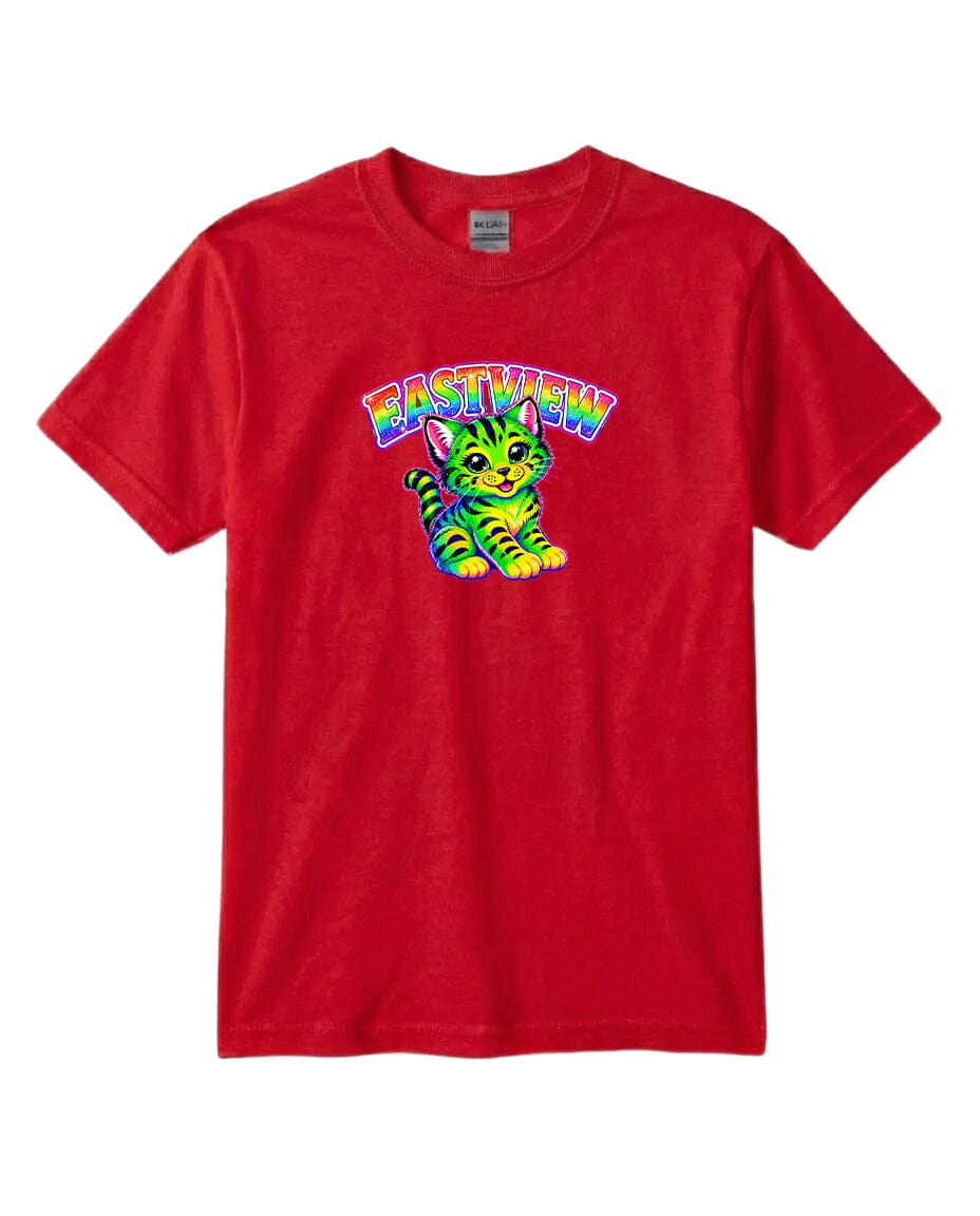 A red t-shirt with a colorful graphic of a cat and the text "EASTVIEW" printed on it.