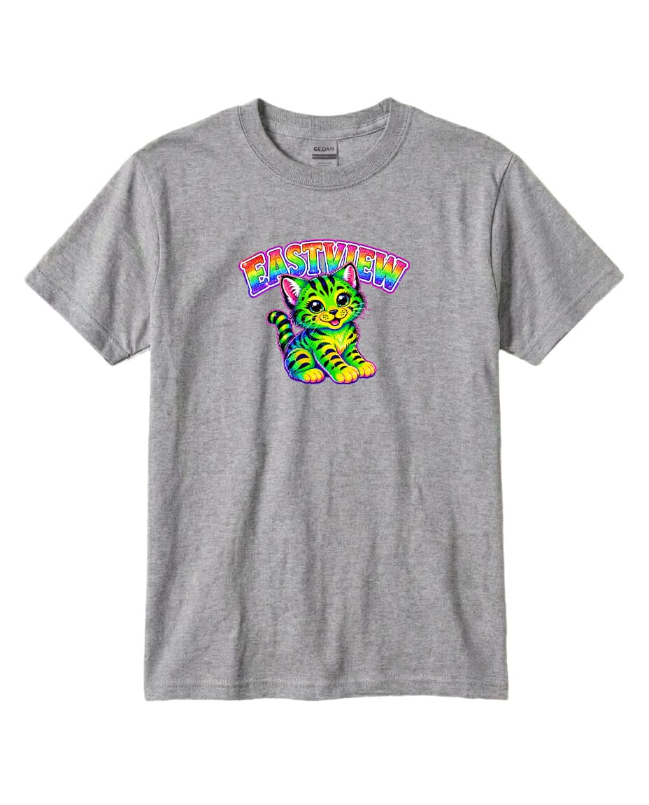 A gray t-shirt with a colorful graphic of a cat and the text "EASTVIEW" printed on it.