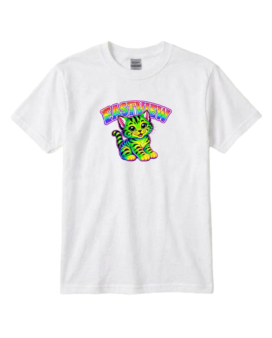 A white t-shirt with a colorful graphic of a cat and the text "EASTVIEW" printed on it.