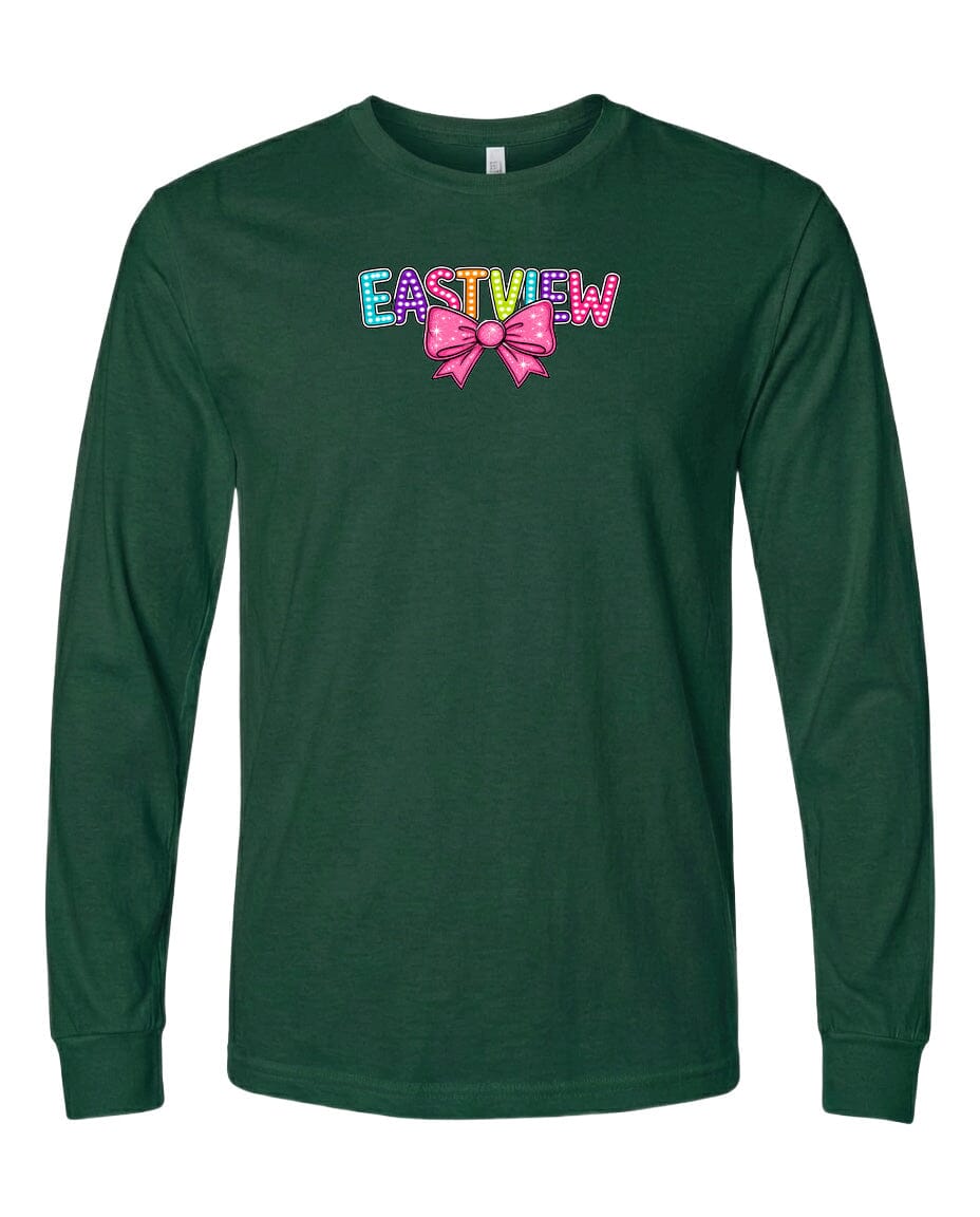 A long-sleeved green t-shirt with the word "EASTVIEW" printed on it in a colorful, stylized font.
