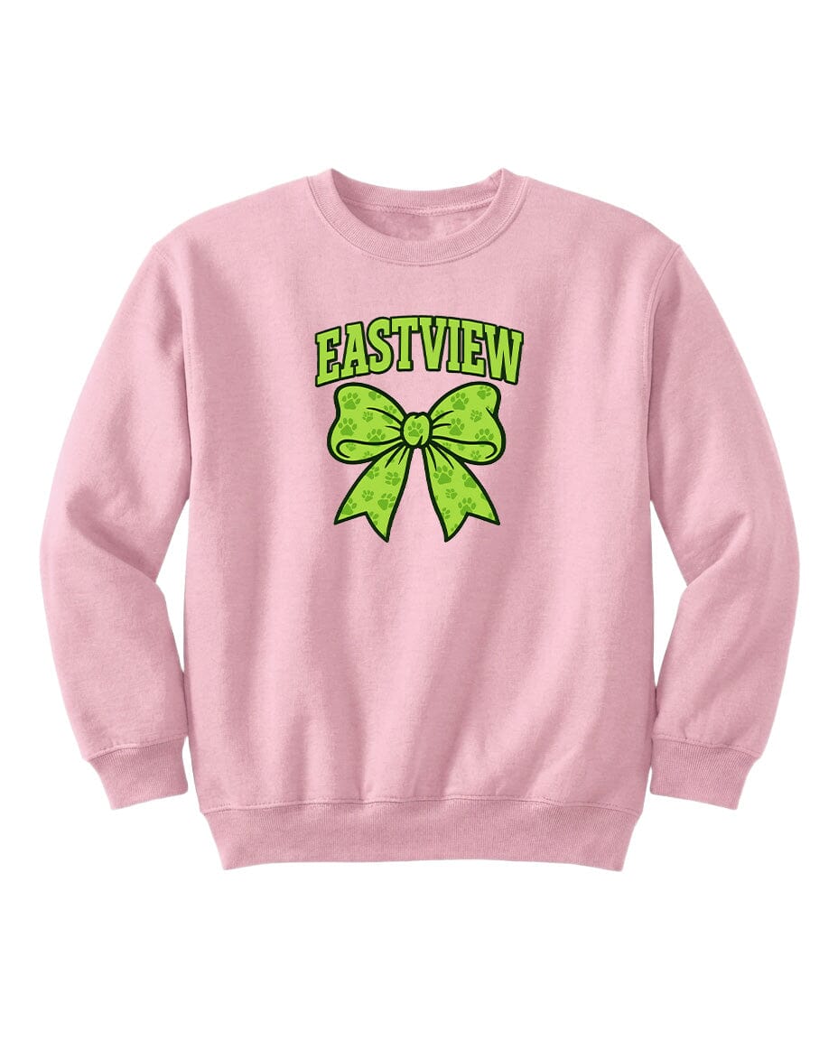 A pink sweatshirt with a green bow and the text "EASTVIEW" printed on it.