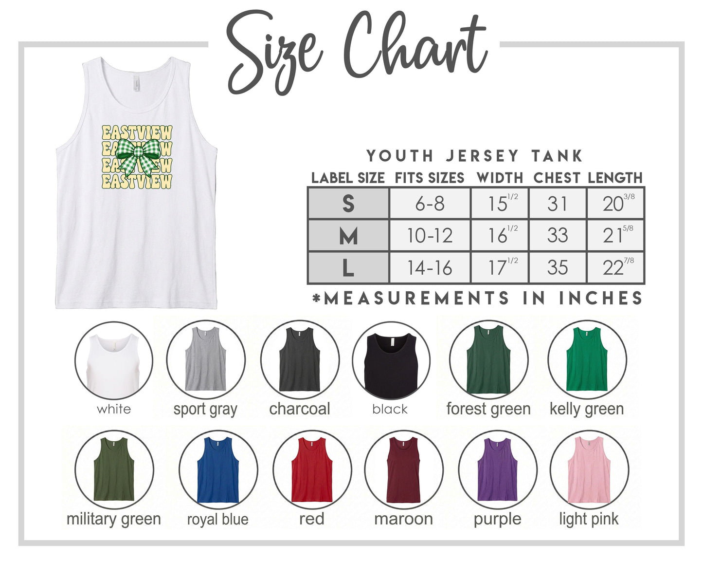 The image is a size chart for a youth jersey tank top, displaying various color options and corresponding measurements in inches.