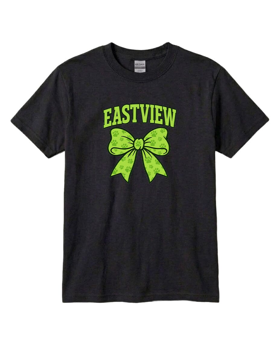 A black t-shirt with a green bow and the text "EASTVIEW" printed on it.
