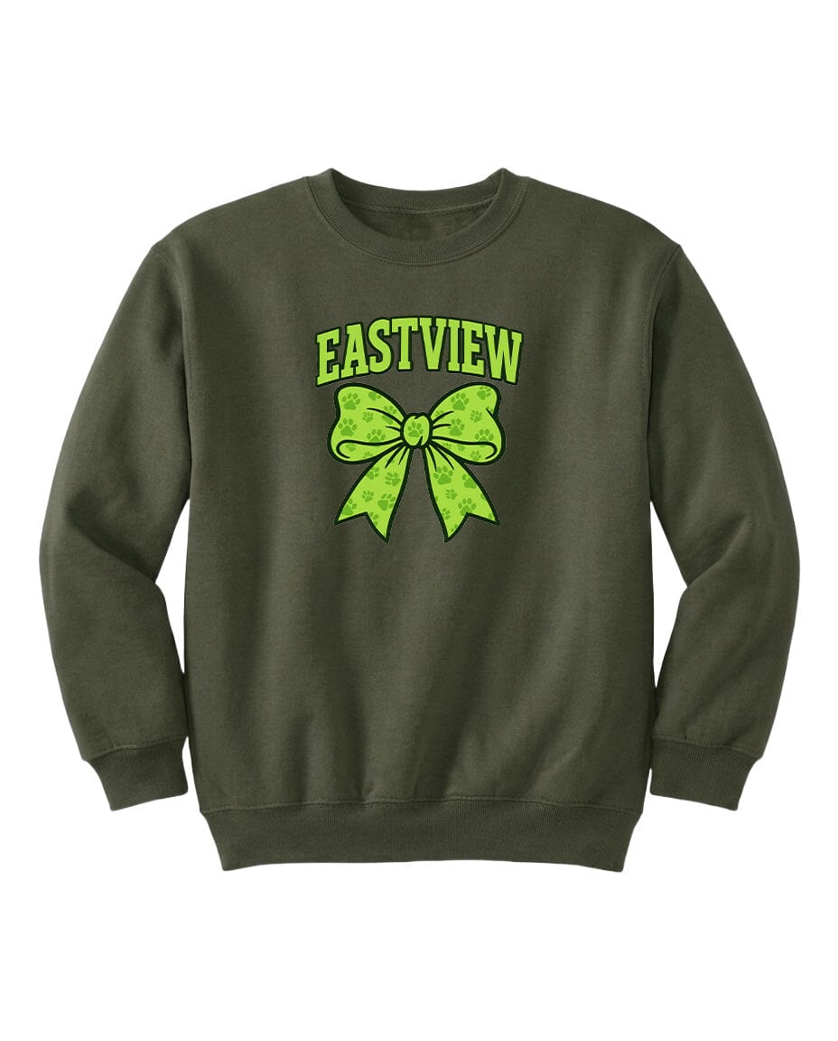 A dark green sweatshirt with a large green bow and the word "EASTVIEW" printed on it.