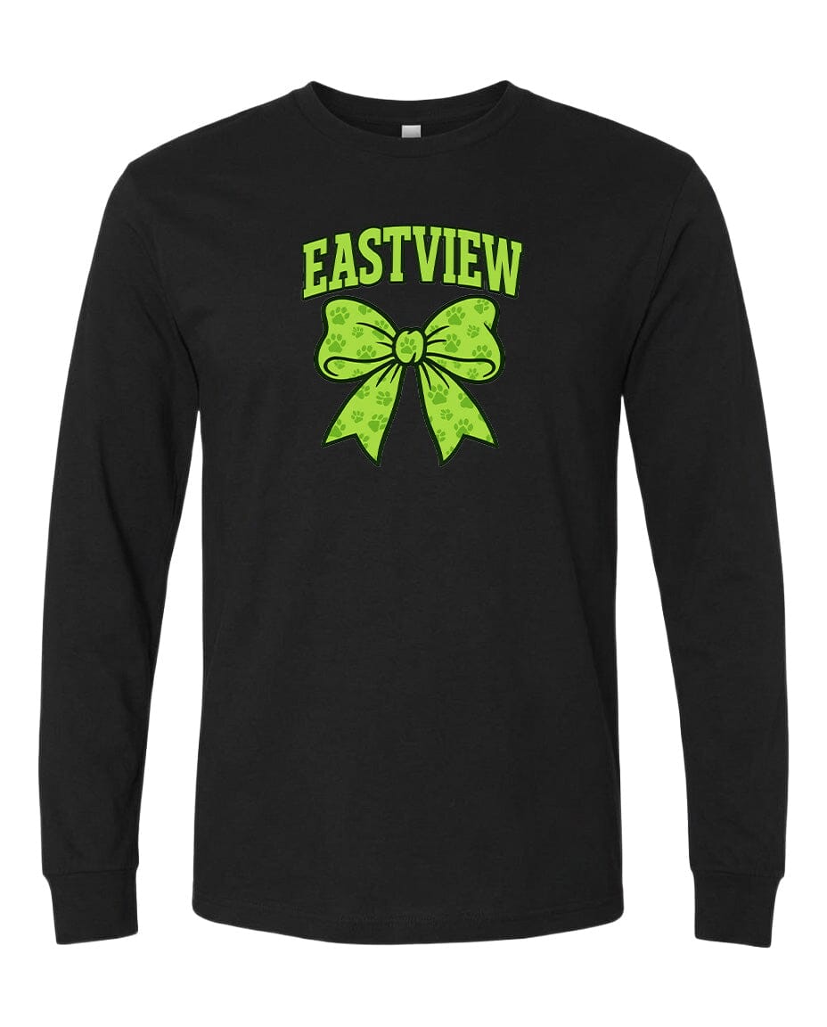 A black long-sleeved t-shirt with a green bow and the text "EASTVIEW" printed on it.
