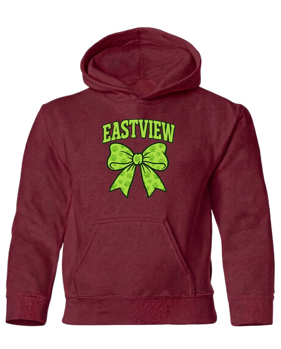 A maroon hoodie with a green bow and the text "EASTVIEW" printed on it.