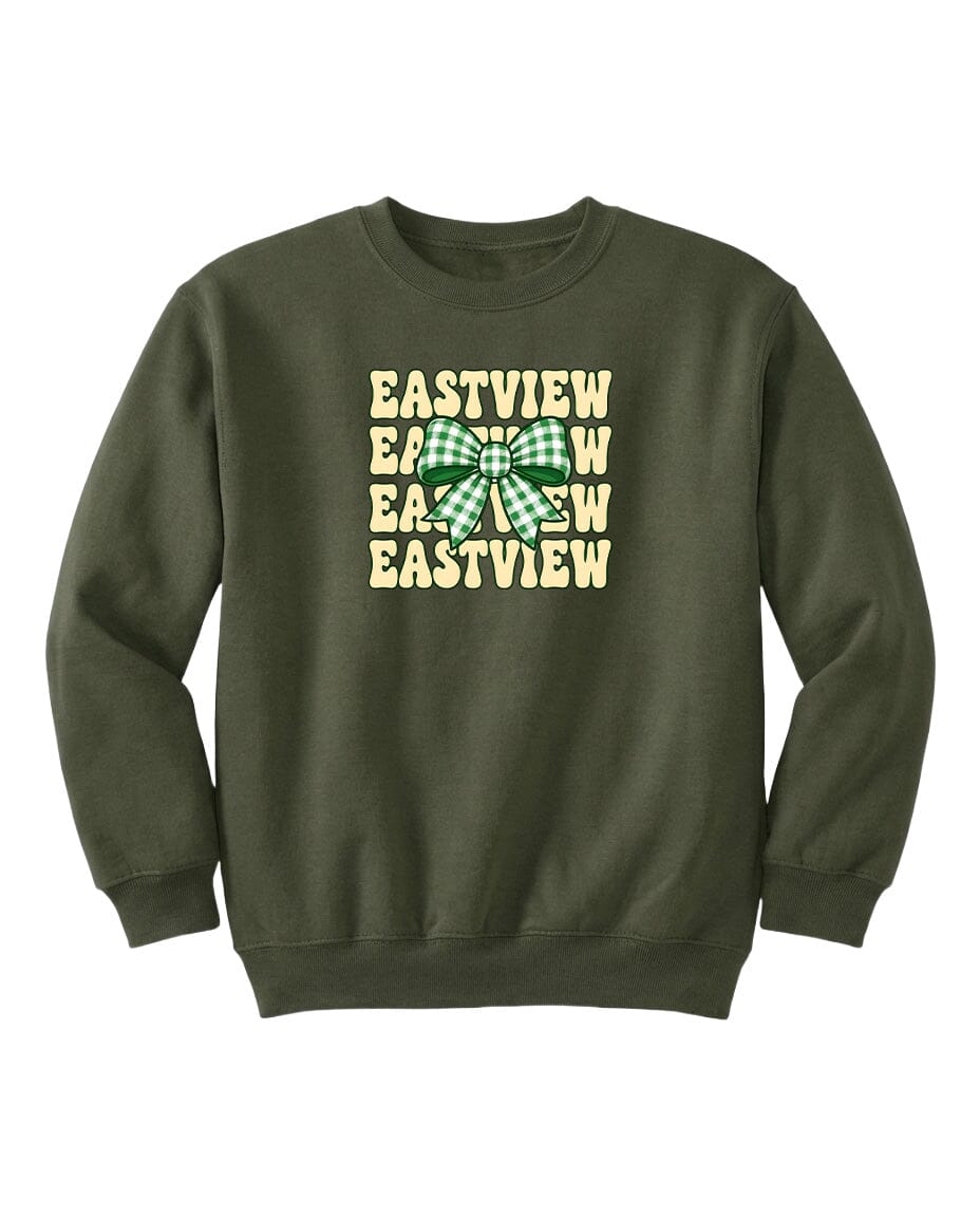 A dark green sweatshirt with a large green bow on the front.