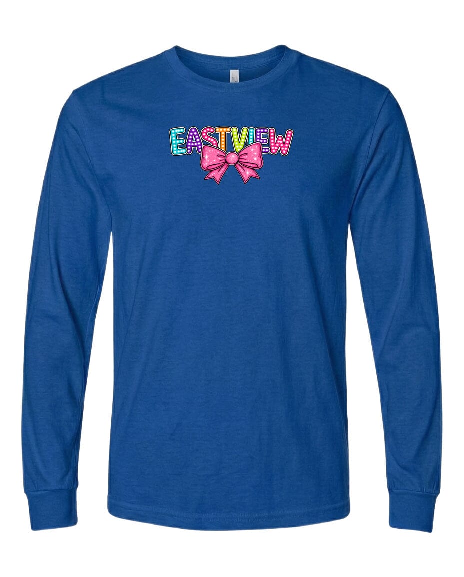 A blue long-sleeved t-shirt with the text "EASTVIEW" and a bow graphic printed on it.