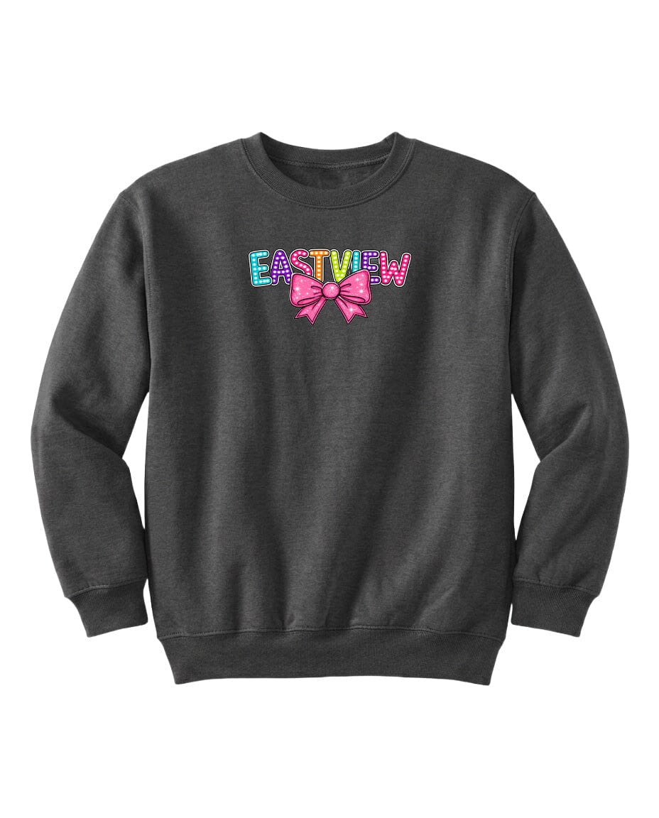 A gray sweatshirt with the word "EASTVIEW" printed on it in colorful letters.