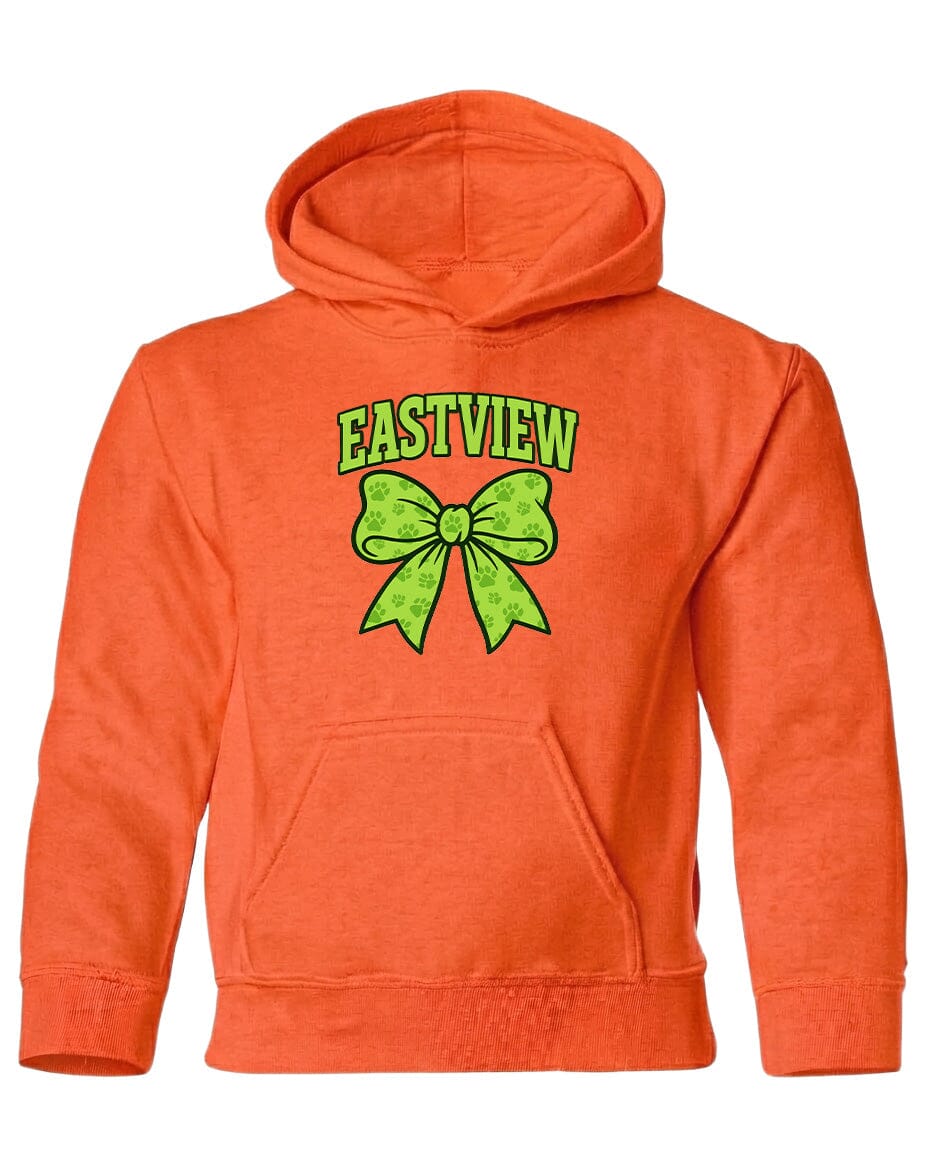 An orange hoodie with a green bow and the text "EASTVIEW" printed on it.