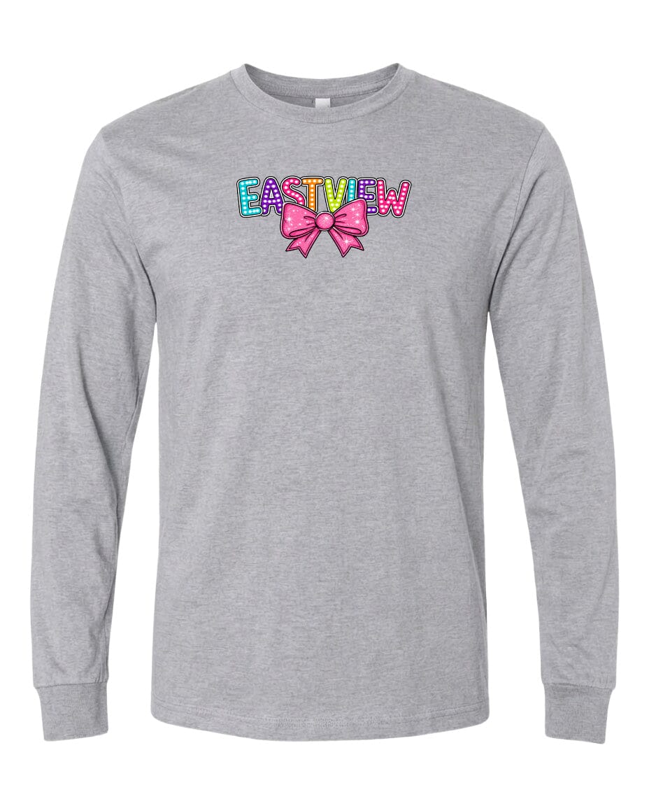 A gray long-sleeved t-shirt with a colorful graphic design on the front.