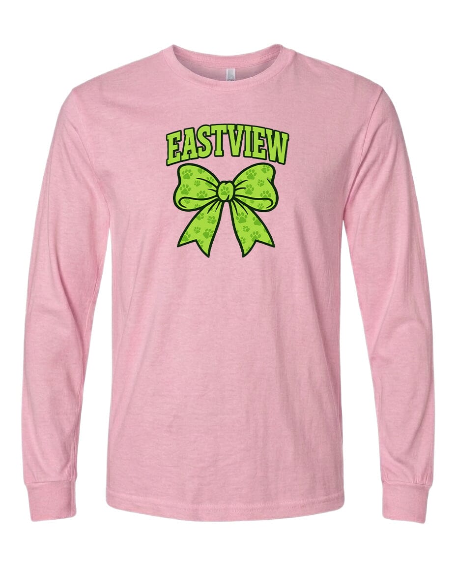 A pink long-sleeved t-shirt with a green bow and the text "EASTVIEW" printed on it.