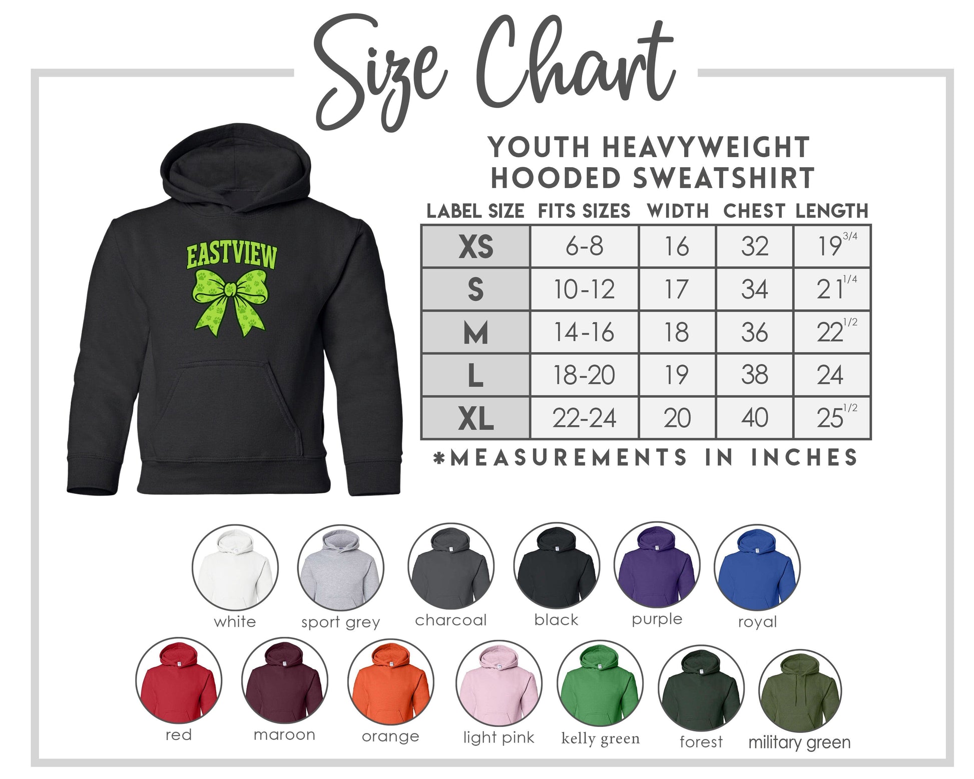 The image is a size chart for a youth heavyweight hooded sweatshirt, including various color options and corresponding measurements.