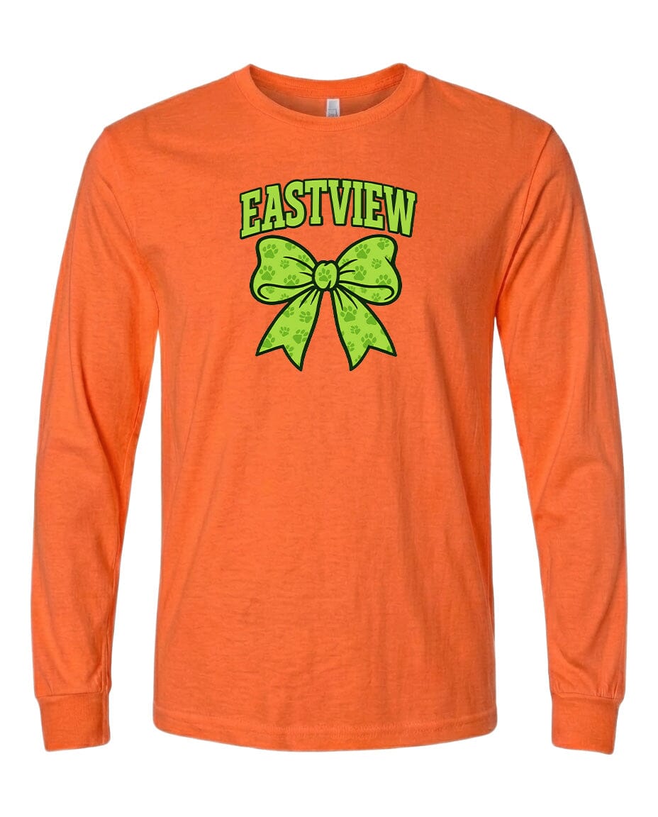 An orange long-sleeved t-shirt with a green bow and the text "EASTVIEW" printed on it.
