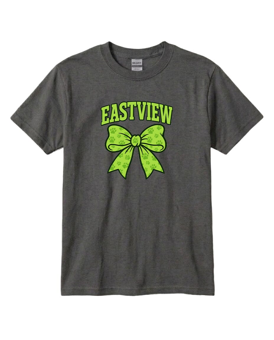 A gray t-shirt with a green bow and the text "EASTVIEW" printed on it.