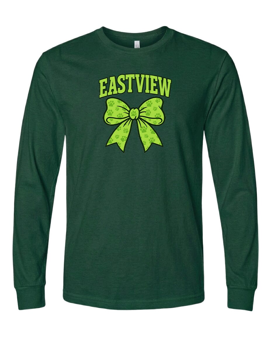 A dark green long-sleeved t-shirt with a graphic design on the front. The design consists of a large green bow with a smaller bow at the bottom. The word "EASTVIEW" is printed above the bow.