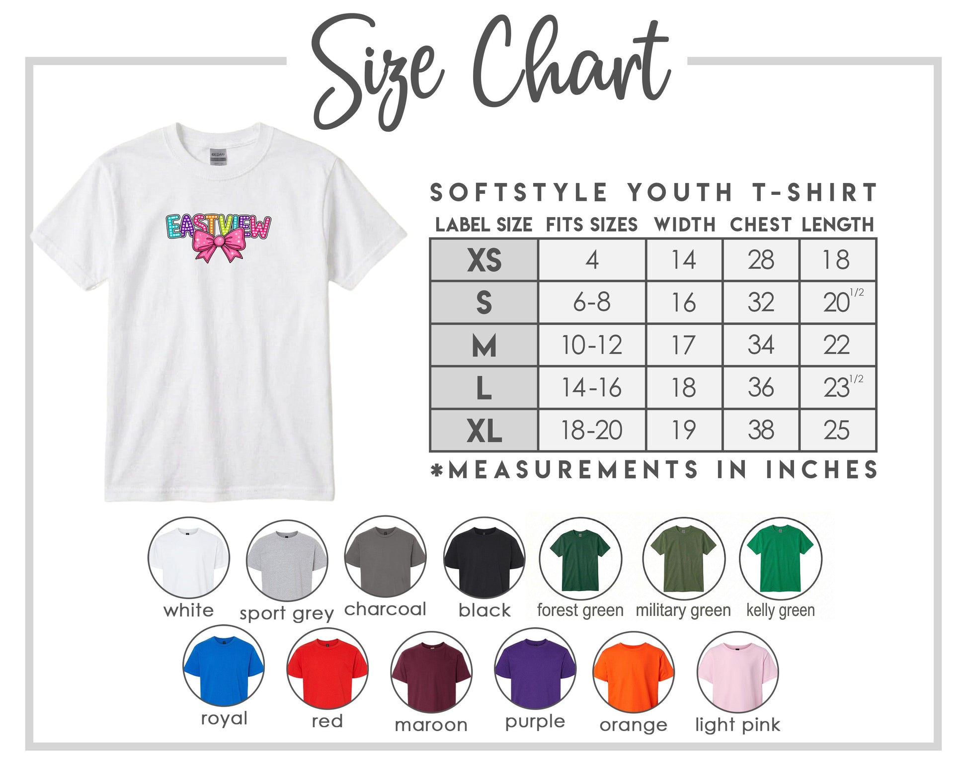 The image is a size chart for a softstyle youth t-shirt, providing measurements for different sizes and corresponding t-shirt colors.