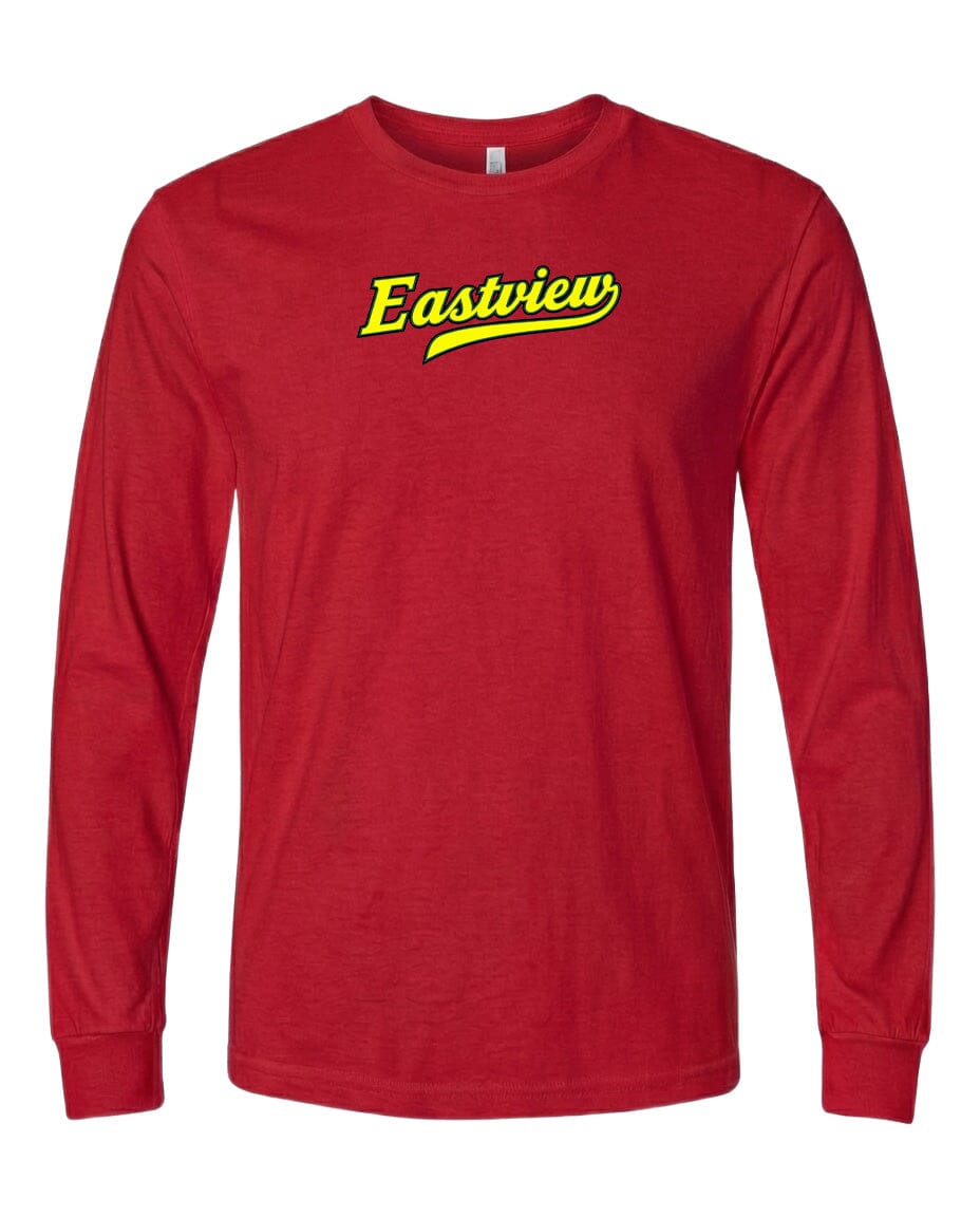 A red long-sleeved t-shirt with the text "Eastview" printed on it in yellow.