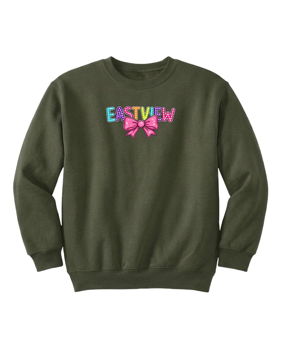 A dark green sweatshirt with the word "EASTVIEW" printed on it in colorful letters.