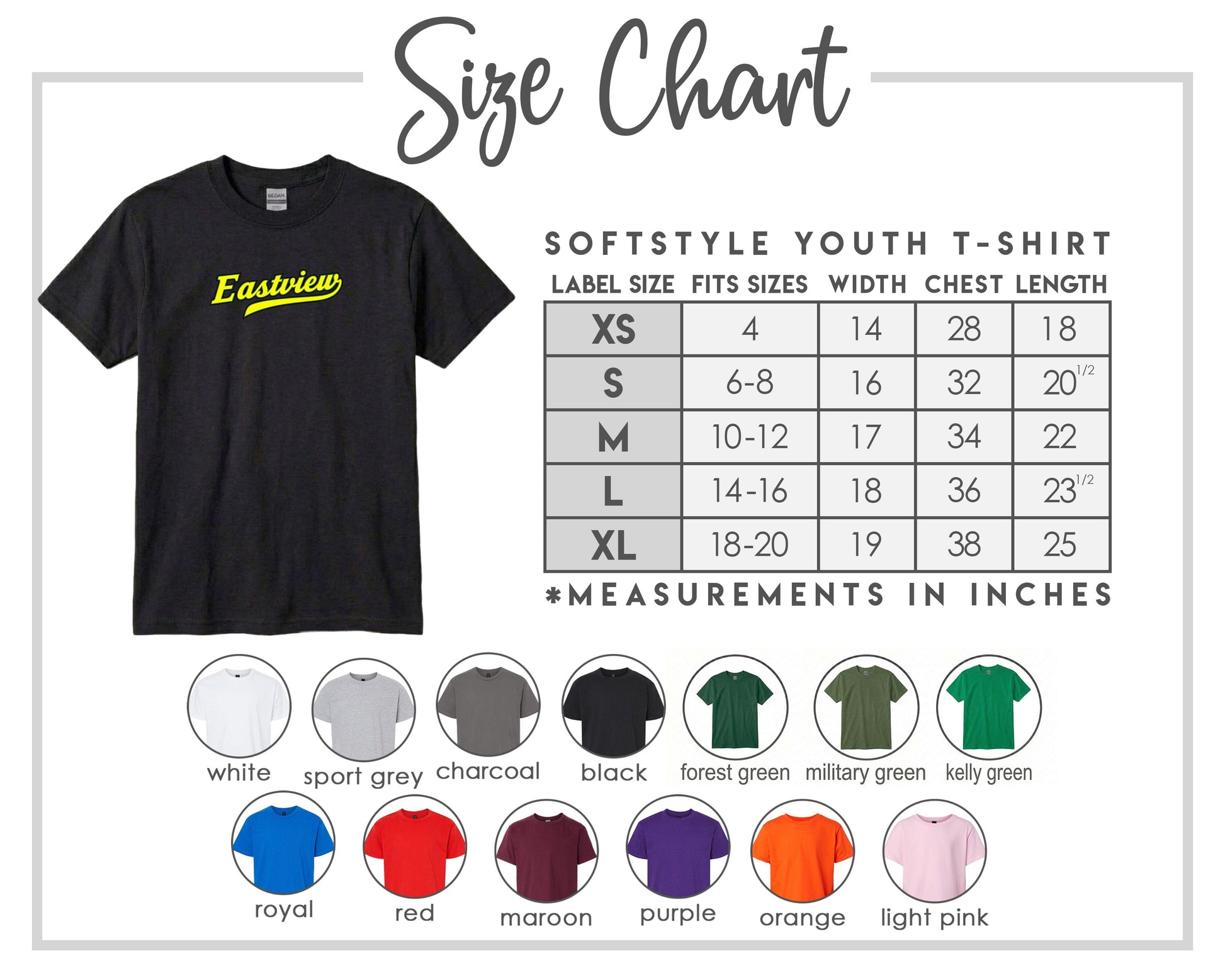 The image is a size chart for a softstyle youth t-shirt, providing measurements for different sizes and corresponding t-shirt colors.
