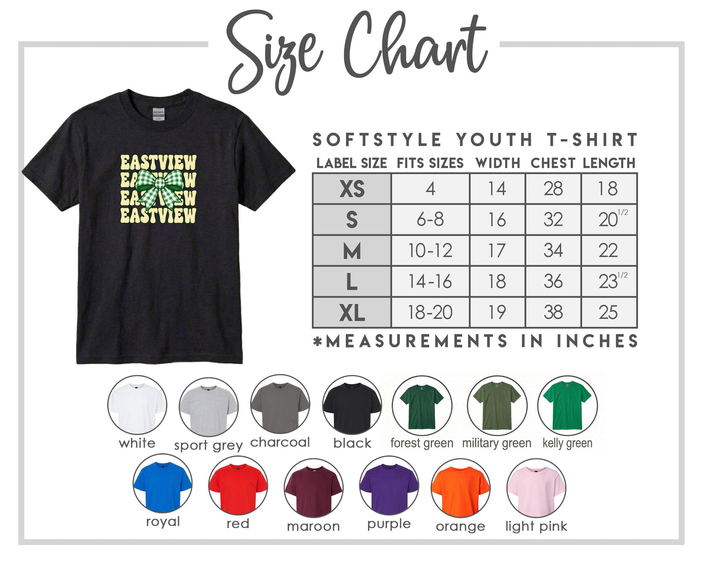 The image is a size chart for a softstyle youth t-shirt, providing measurements for different sizes and corresponding t-shirt colors.