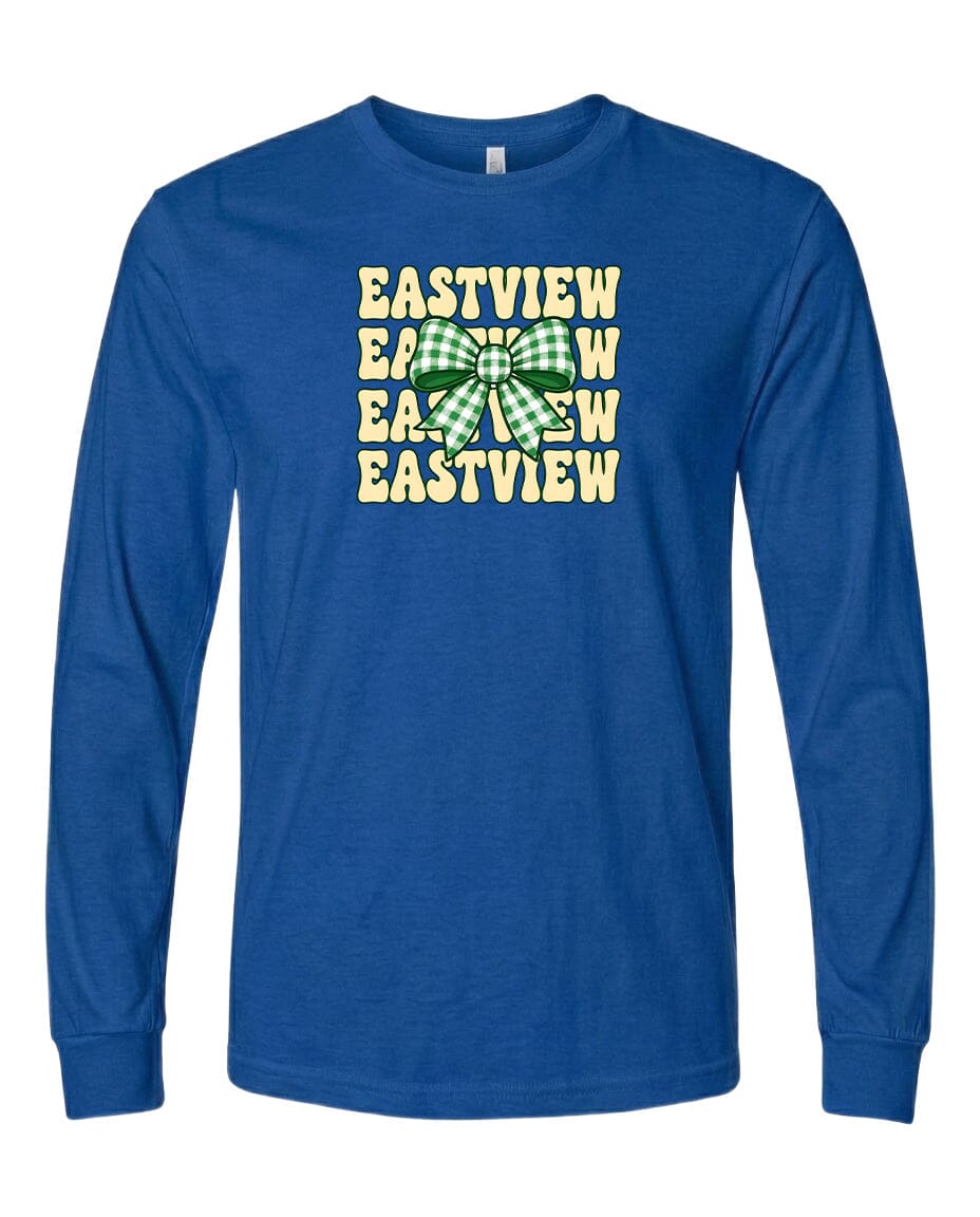 A blue long-sleeved t-shirt with a graphic design featuring a green and white bow and the text "EASTVIEW" repeated multiple times in a vertical arrangement.