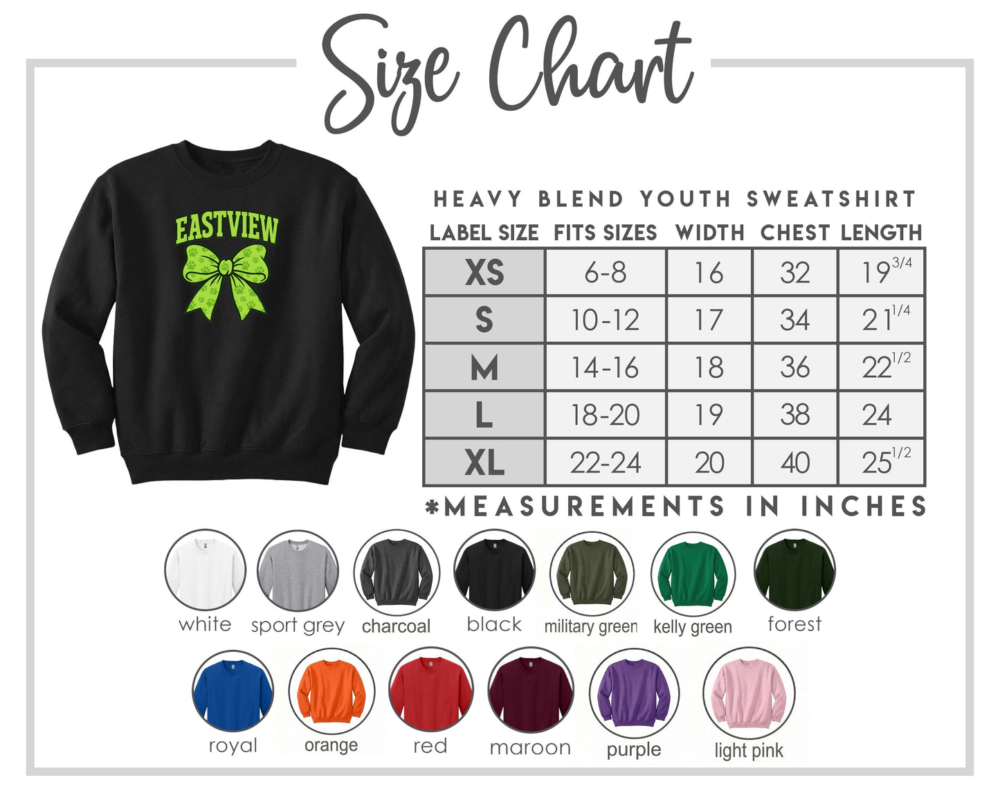 The image is a size chart for a heavy blend youth sweatshirt, including various color options and corresponding measurements in inches.