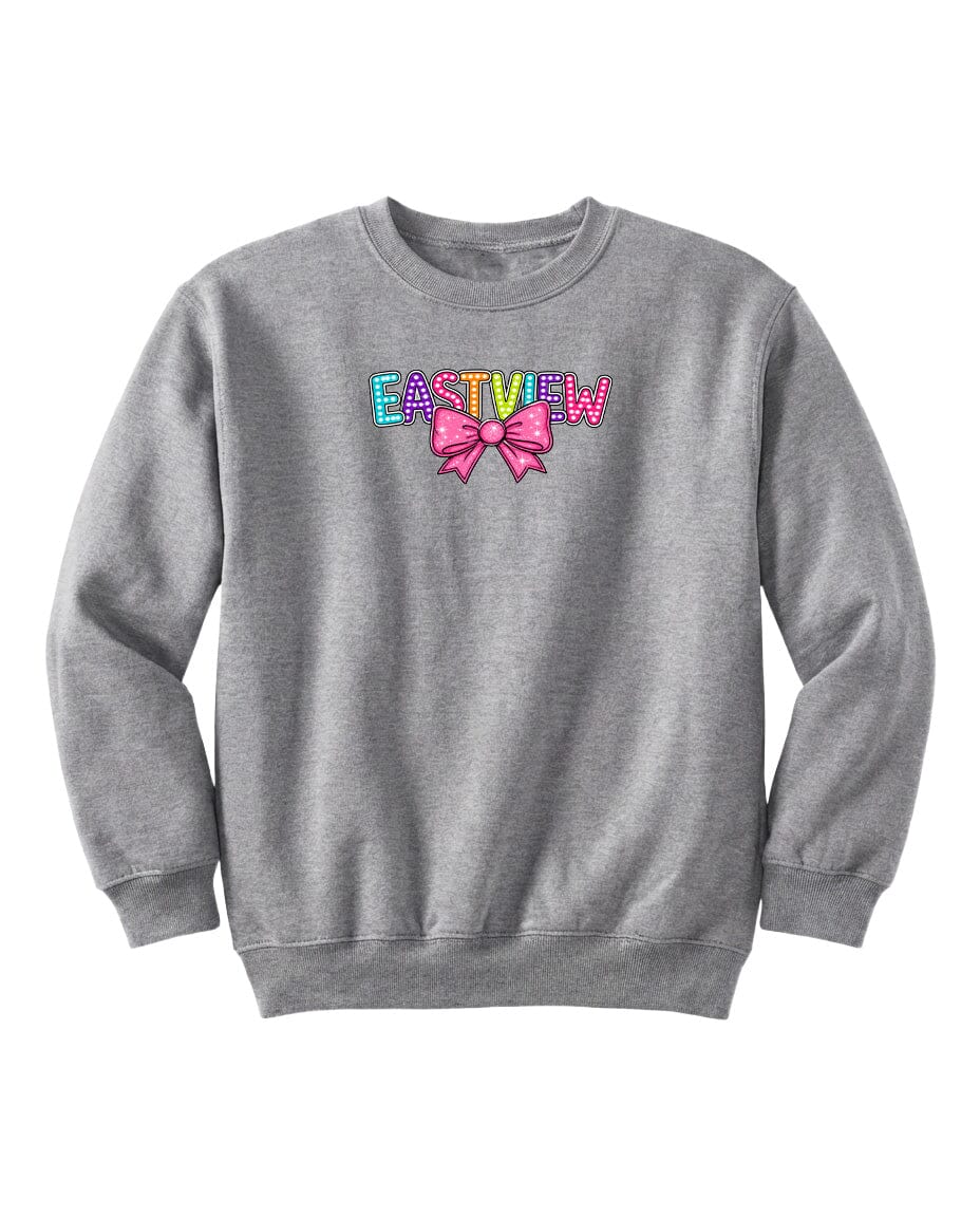 A gray sweatshirt with the word "EASTVIEW" printed on it, along with a pink bow.