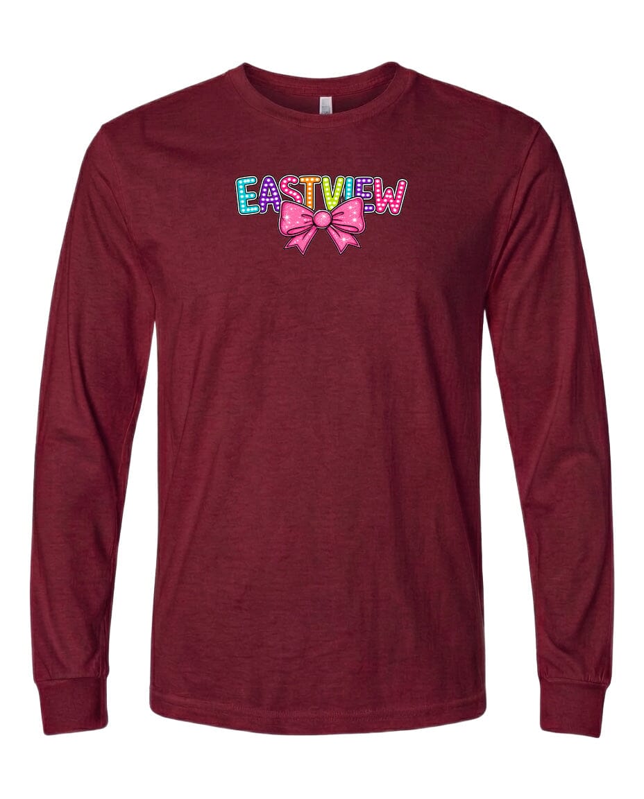 A burgundy long-sleeved t-shirt with the text "EASTVIEW" and a bow graphic printed on it.