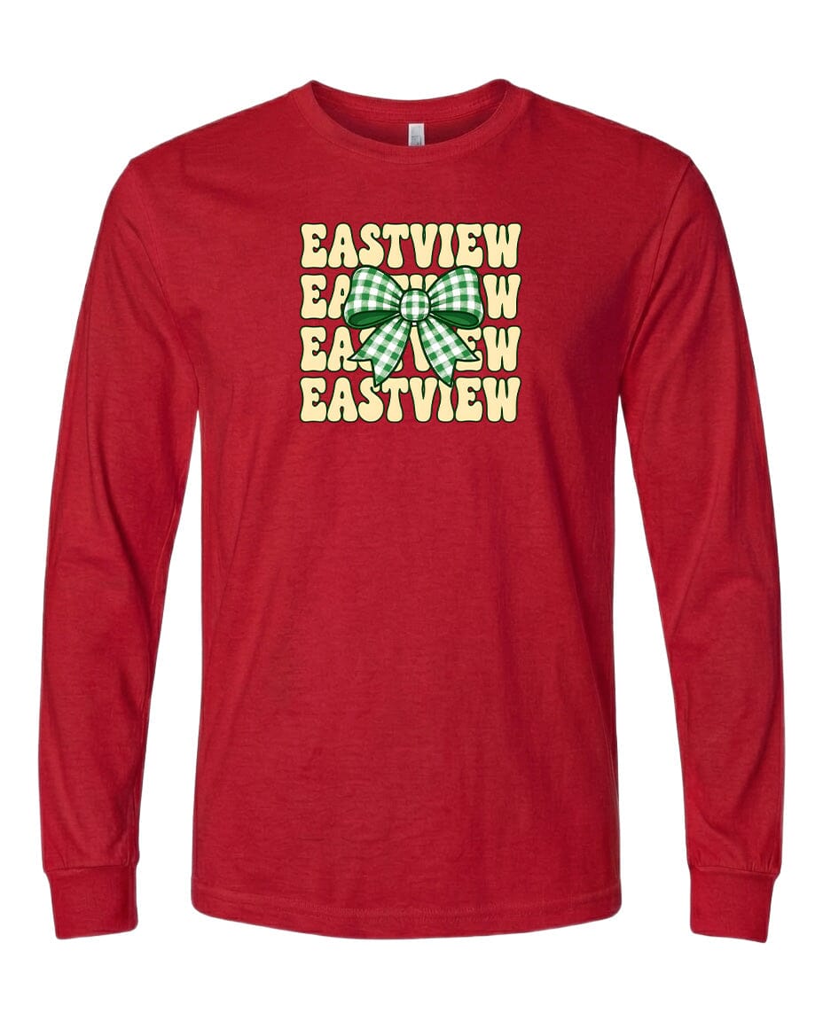 A red long-sleeved t-shirt with a graphic design featuring the text "EASTVIEW" repeated in a vertical pattern.