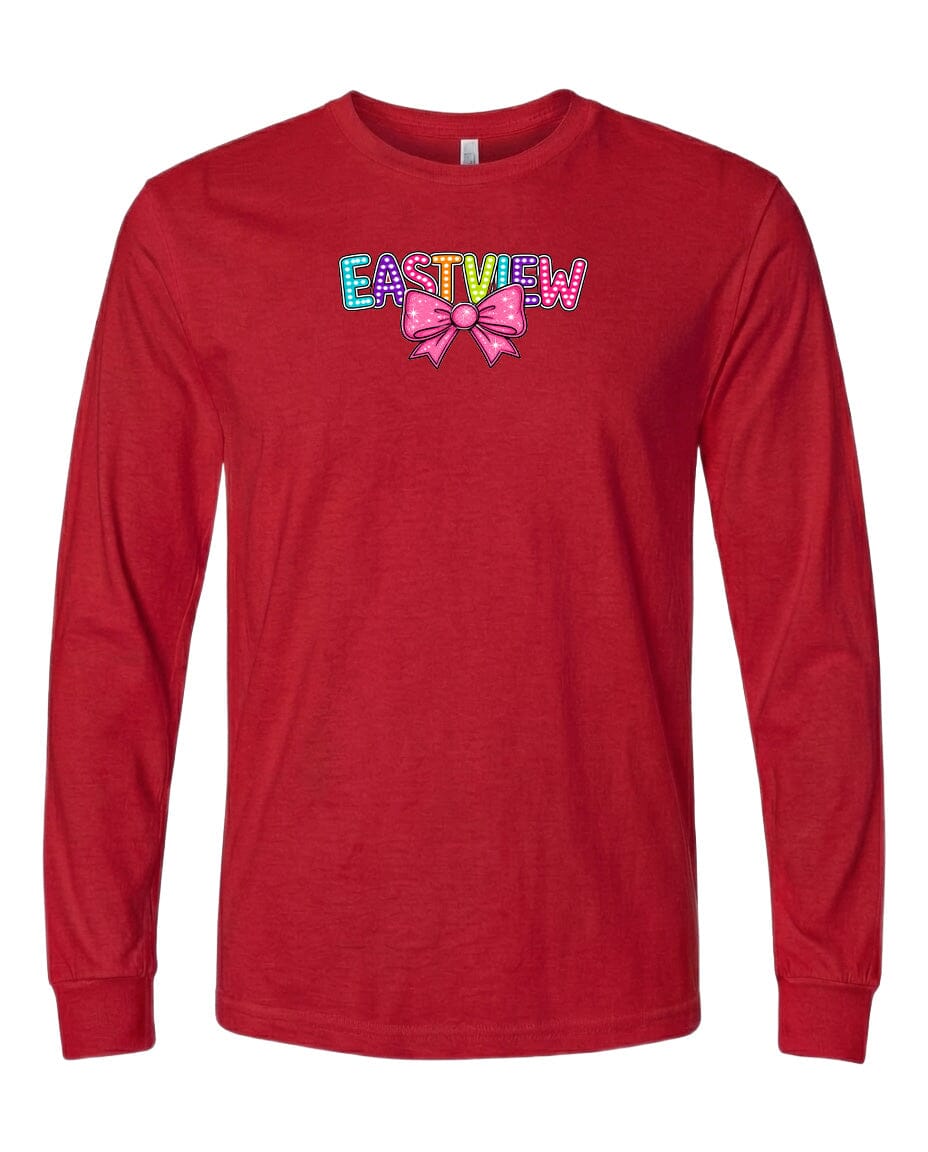 A red long-sleeved t-shirt with the word "EASTVIEW" printed on it in a colorful, stylized font.