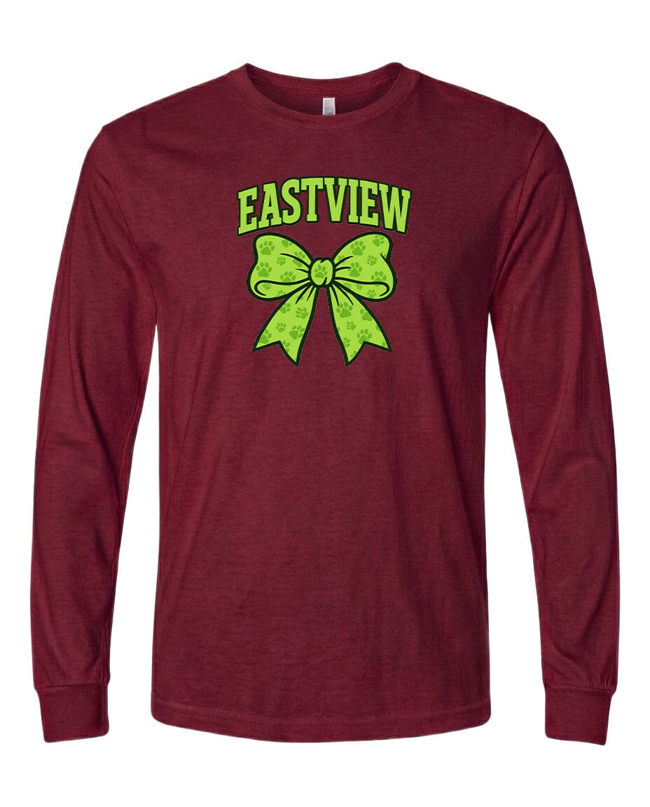 A burgundy long-sleeved t-shirt with a graphic design featuring a green bow and the text "EASTVIEW" printed on it.
