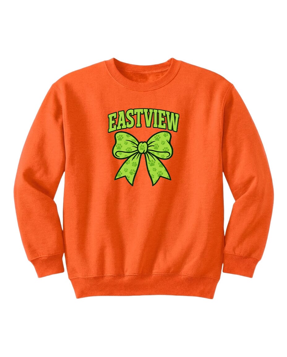 An orange sweatshirt with a green bow and the text "EASTVIEW" printed on it.