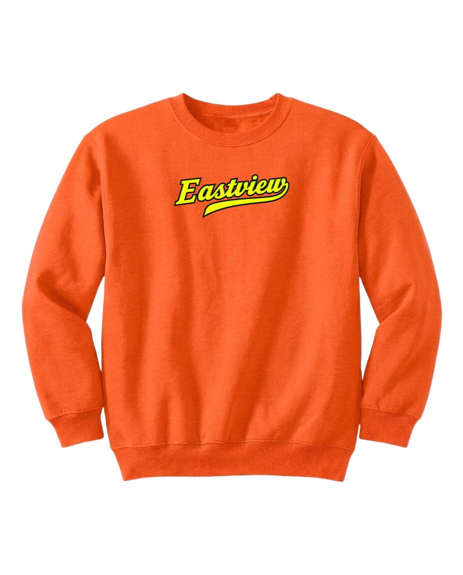 An orange sweatshirt with the word "Eastview" printed on it in yellow.
