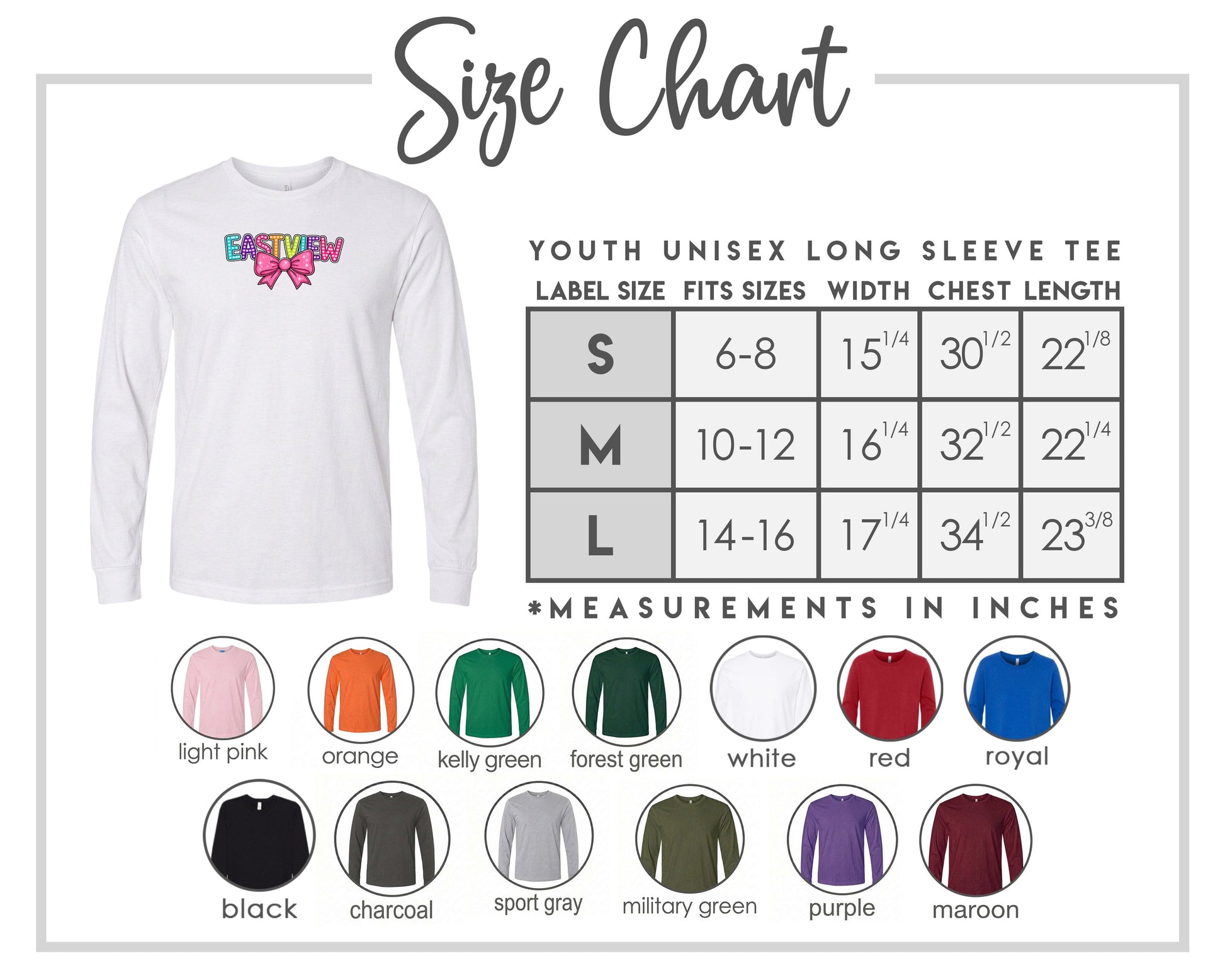 The image is a size chart for a youth unisex long sleeve tee, providing measurements for different age groups and sleeve length.