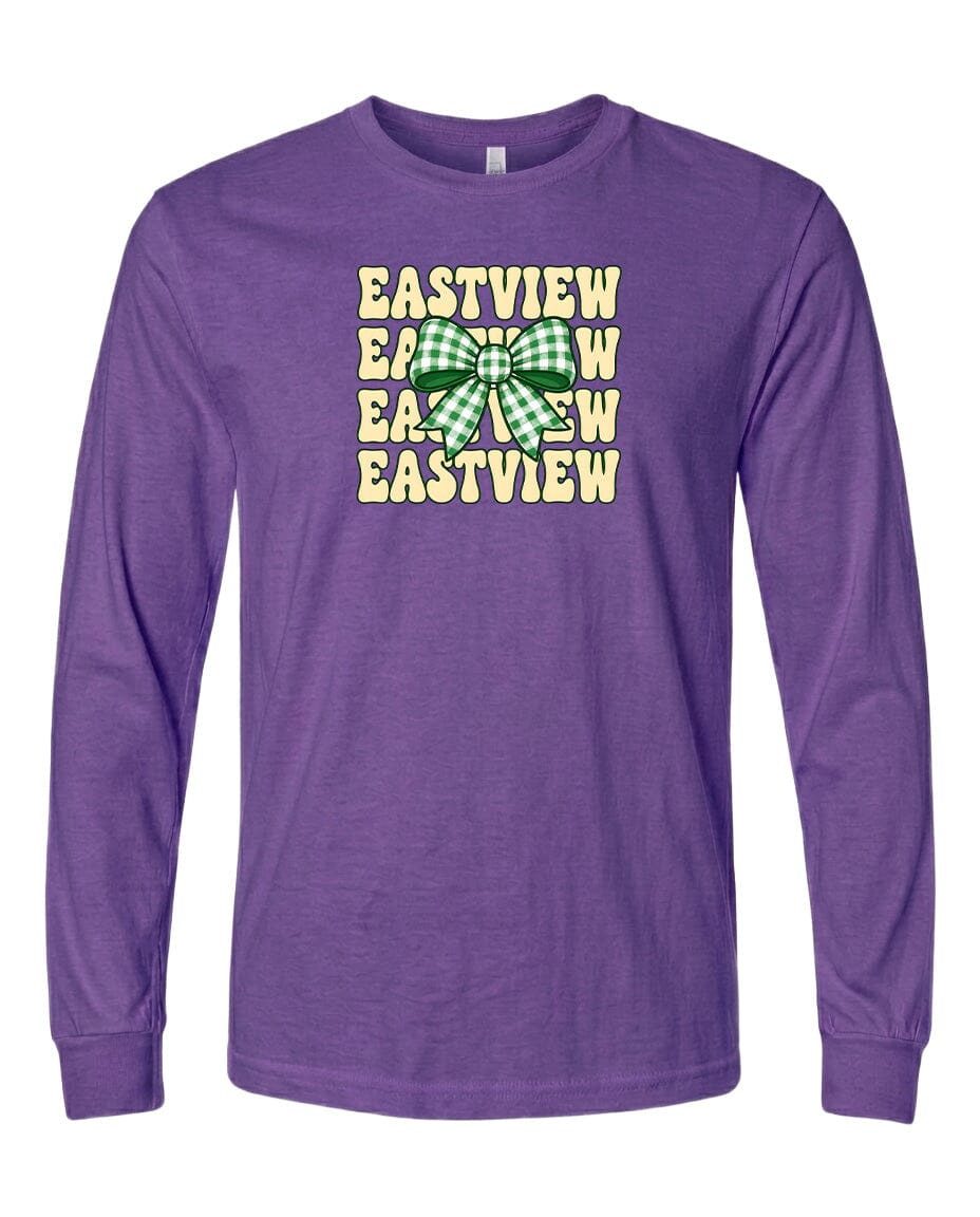 A purple long-sleeved t-shirt with a graphic design featuring a green and white bow and the text "EASTVIEW" repeated multiple times in a vertical arrangement.