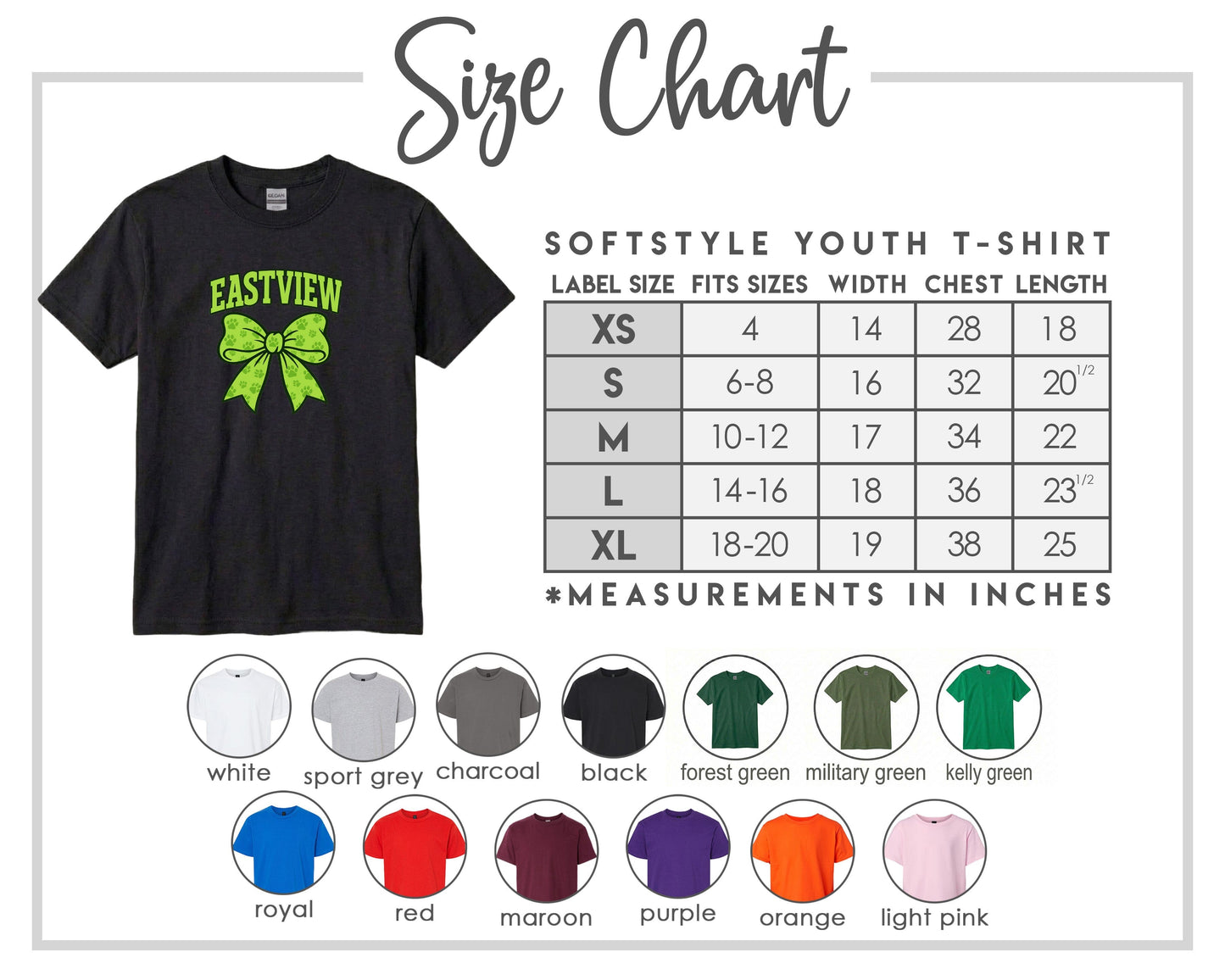 The image is a size chart for a softstyle youth t-shirt, providing measurements for different sizes and corresponding t-shirt colors.
