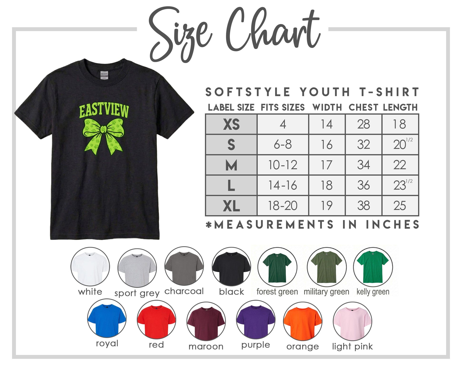 The image is a size chart for a softstyle youth t-shirt, providing measurements for different sizes and corresponding t-shirt colors.