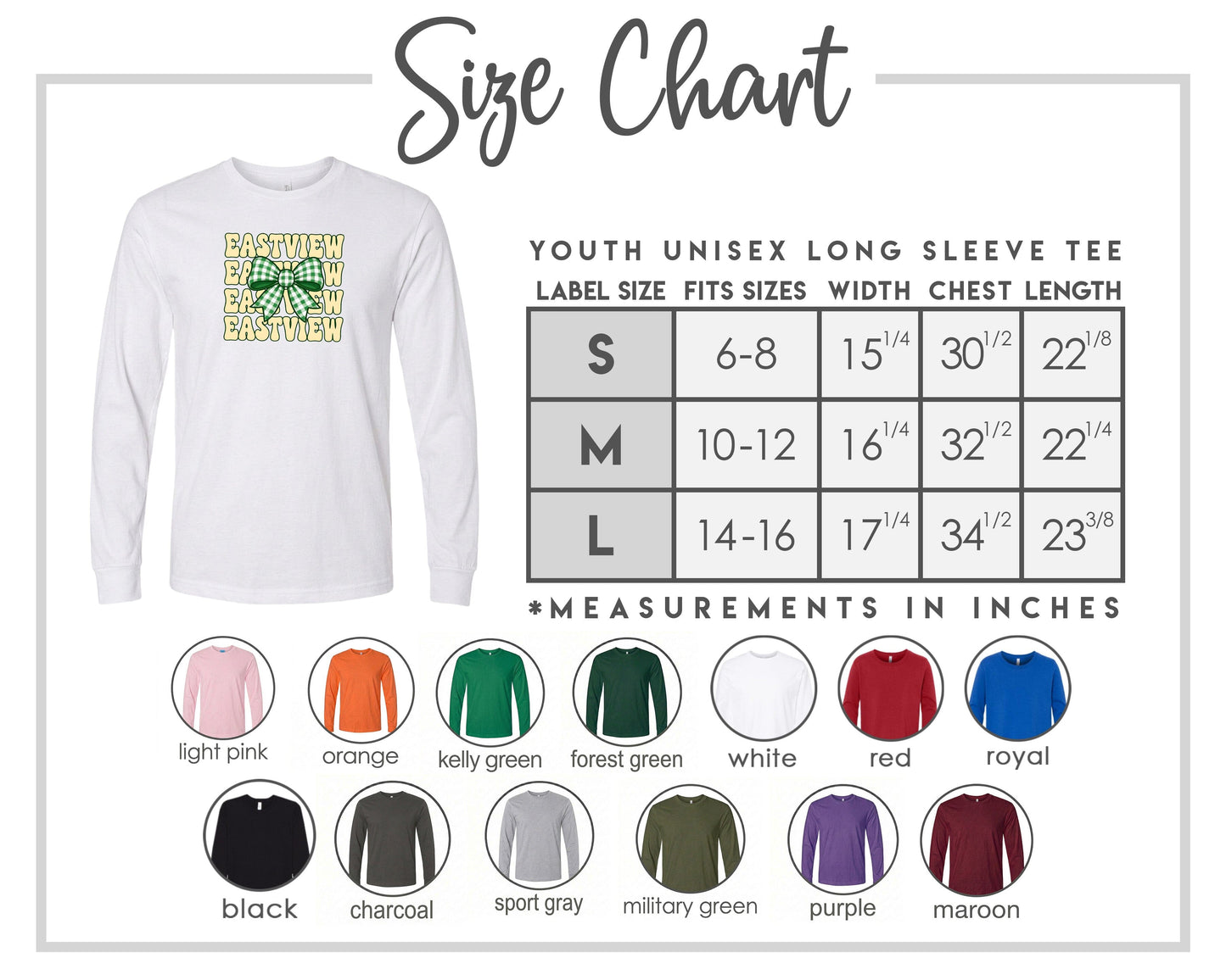 The image is a size chart for a youth unisex long sleeve tee, including various color options and corresponding measurements.