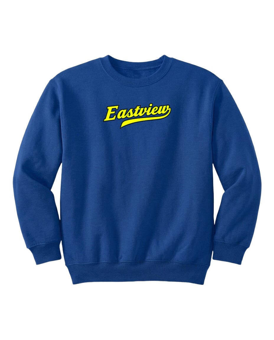 A blue sweatshirt with the word "Eastview" printed in yellow on the front.