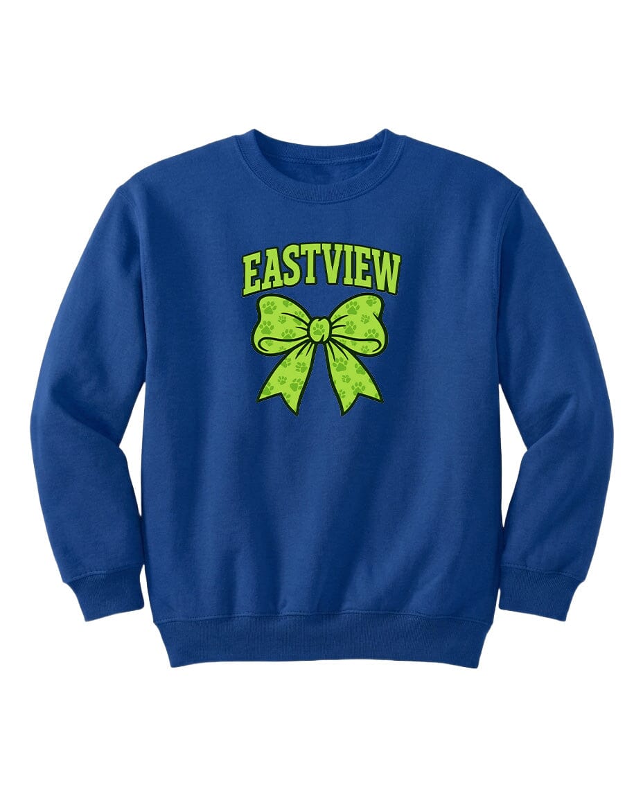 A blue sweatshirt with a green bow and the word "EASTVIEW" printed on it.