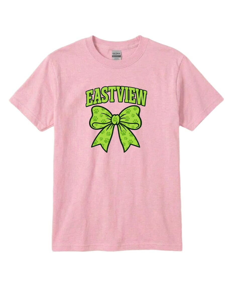 A pink t-shirt with a green bow and the text "EASTVIEW" printed on it.